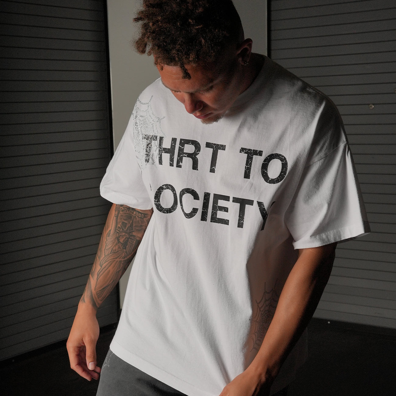 Heavy THRT TO SOCIETY Rhinestone TEE WHITE